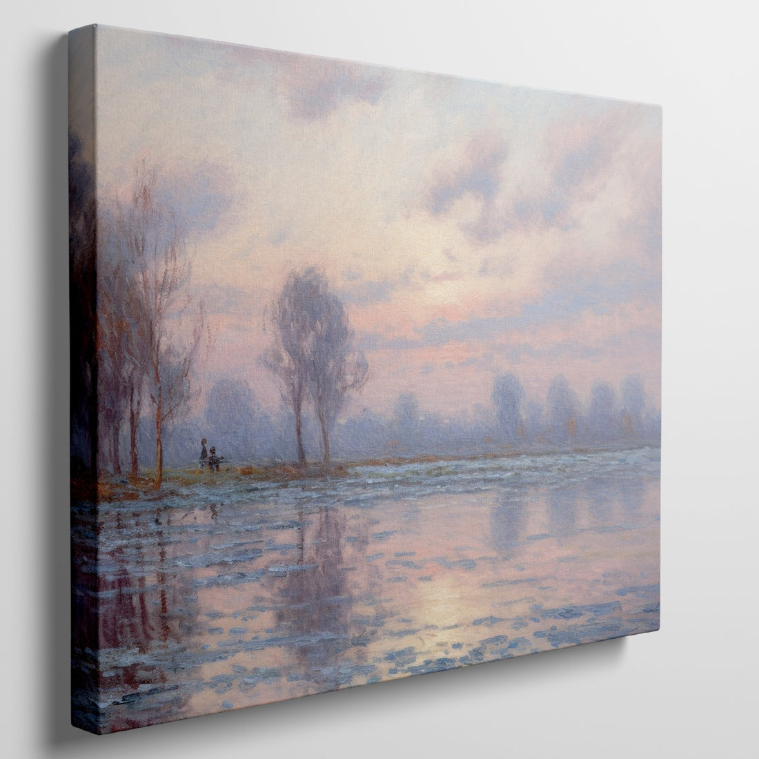 Pastel-hued landscape painting of a sunrise with reflections in the water and silhouetted trees.