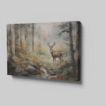 Framed canvas print of a majestic stag in a misty woodland with autumn colours