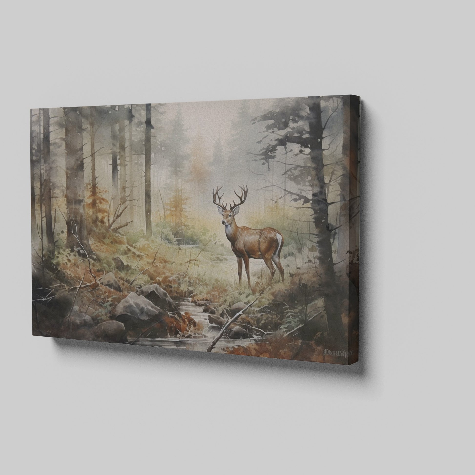 Framed canvas print of a majestic stag in a misty woodland with autumn colours