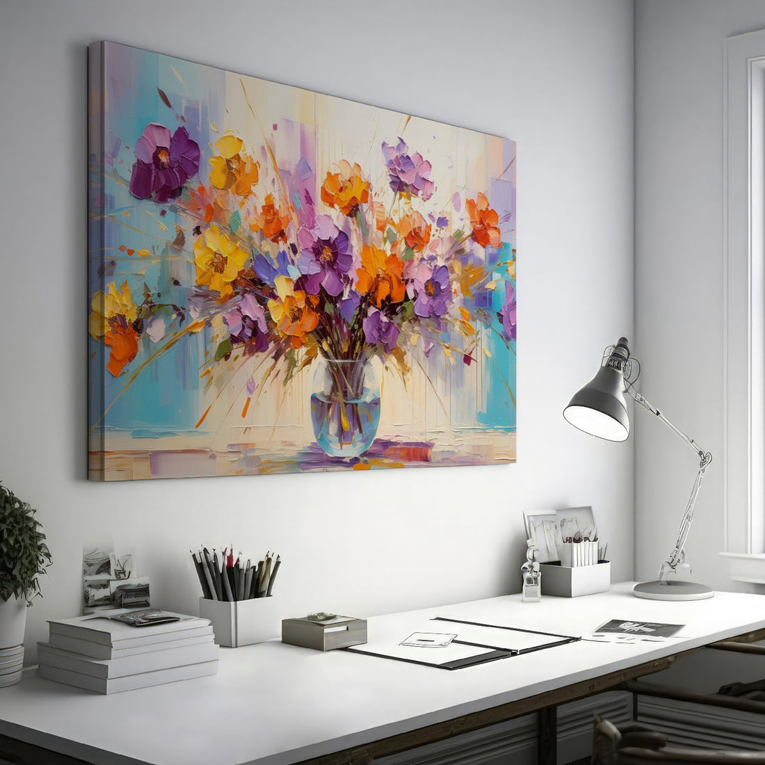 Framed canvas print of lively impressionist floral bouquet with vibrant purples, oranges, and yellows