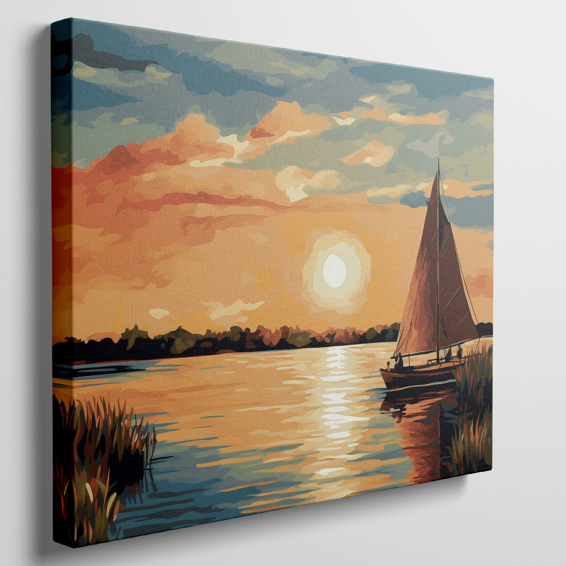 Vibrant sunset over water with a silhouette of a sailboat and reflective sunlight on the ocean