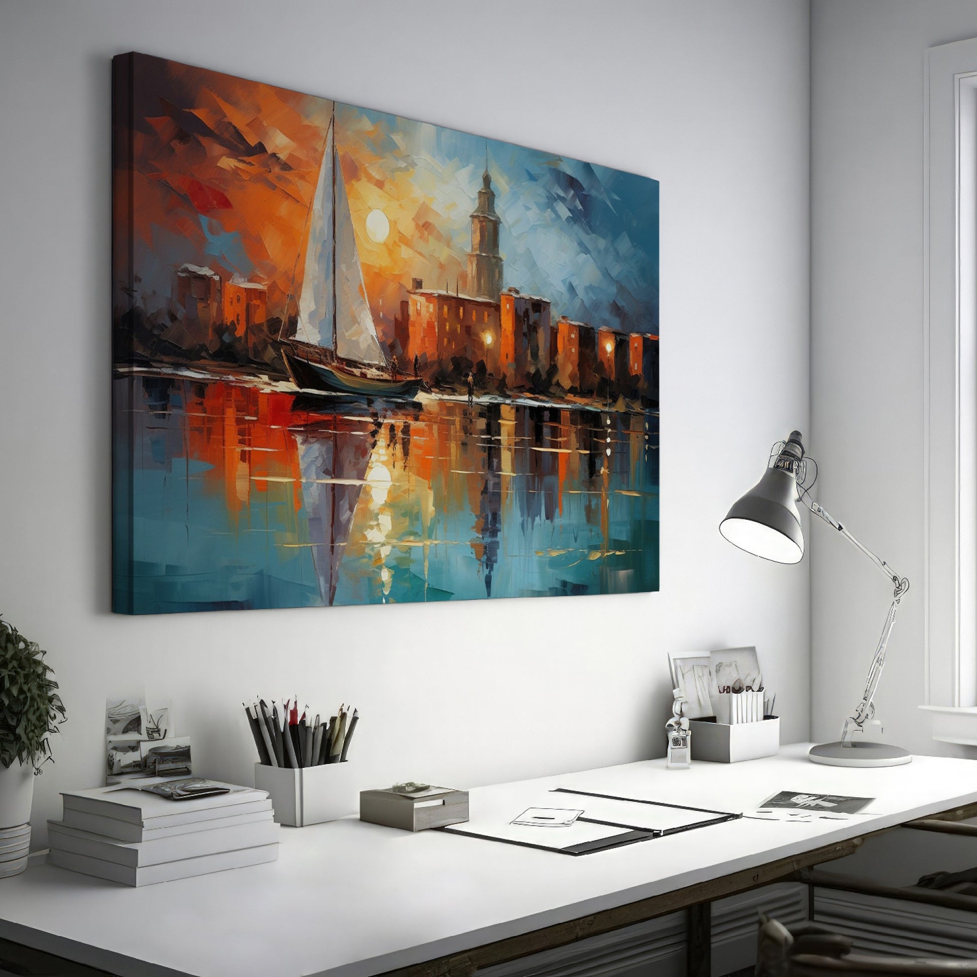 Framed canvas print of an abstract impressionistic sunset marina with a sailing boat and city silhouette