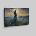 Framed canvas print of a figure in a meadow at sunset with dramatic sky and expressive brushstrokes