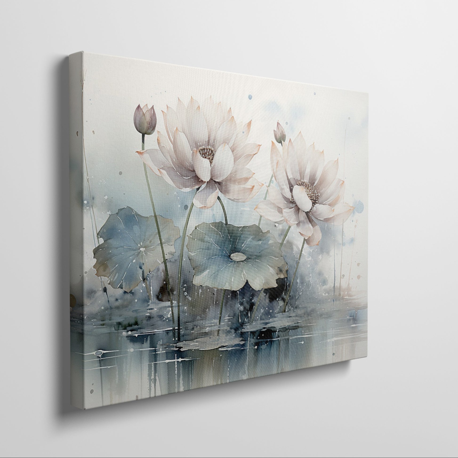 Framed canvas print of watercolour lotus flowers with pastel pink and blue tones