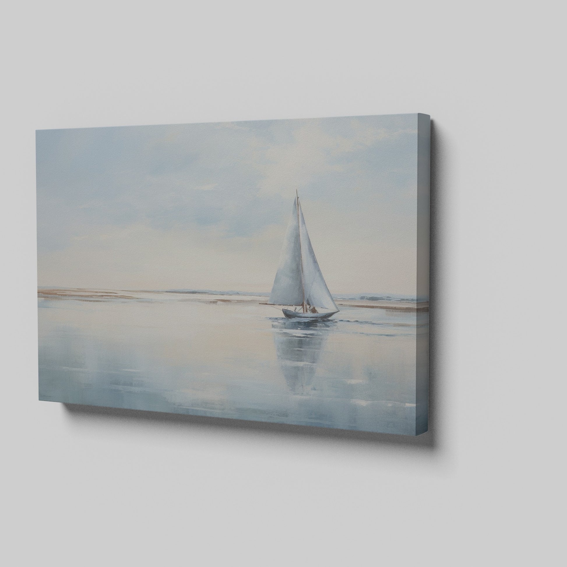 A serene painting of a sailboat on calm blue waters under a vast sky, reflecting a peaceful coastal scene.