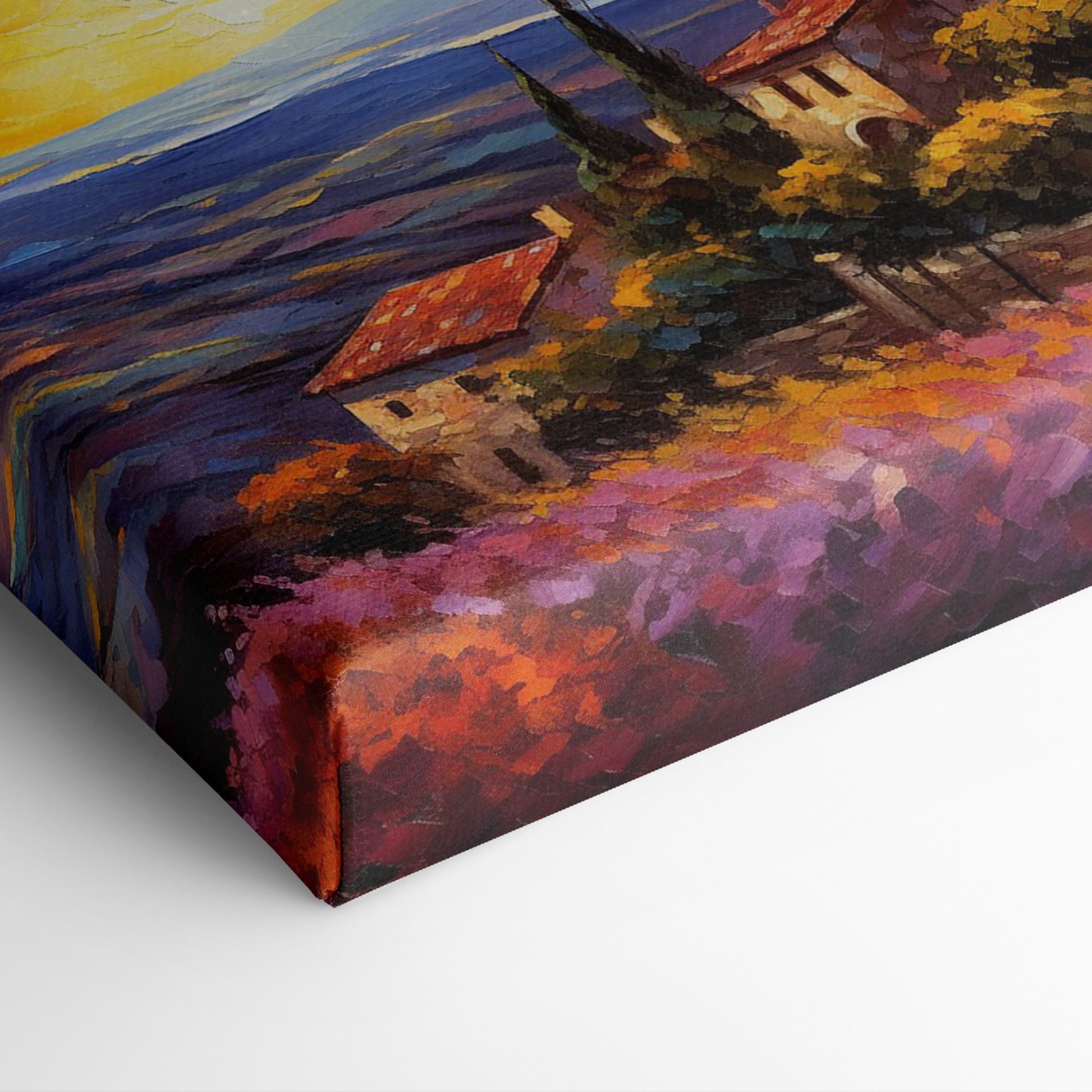 Framed canvas print of an Impressionist Tuscan landscape with a vibrant sunset sky, overlooking lavender fields and rustic houses.