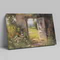 Framed canvas print of a vintage impressionist painting featuring a rustic doorway with blooming wildflowers leading to sunny countryside