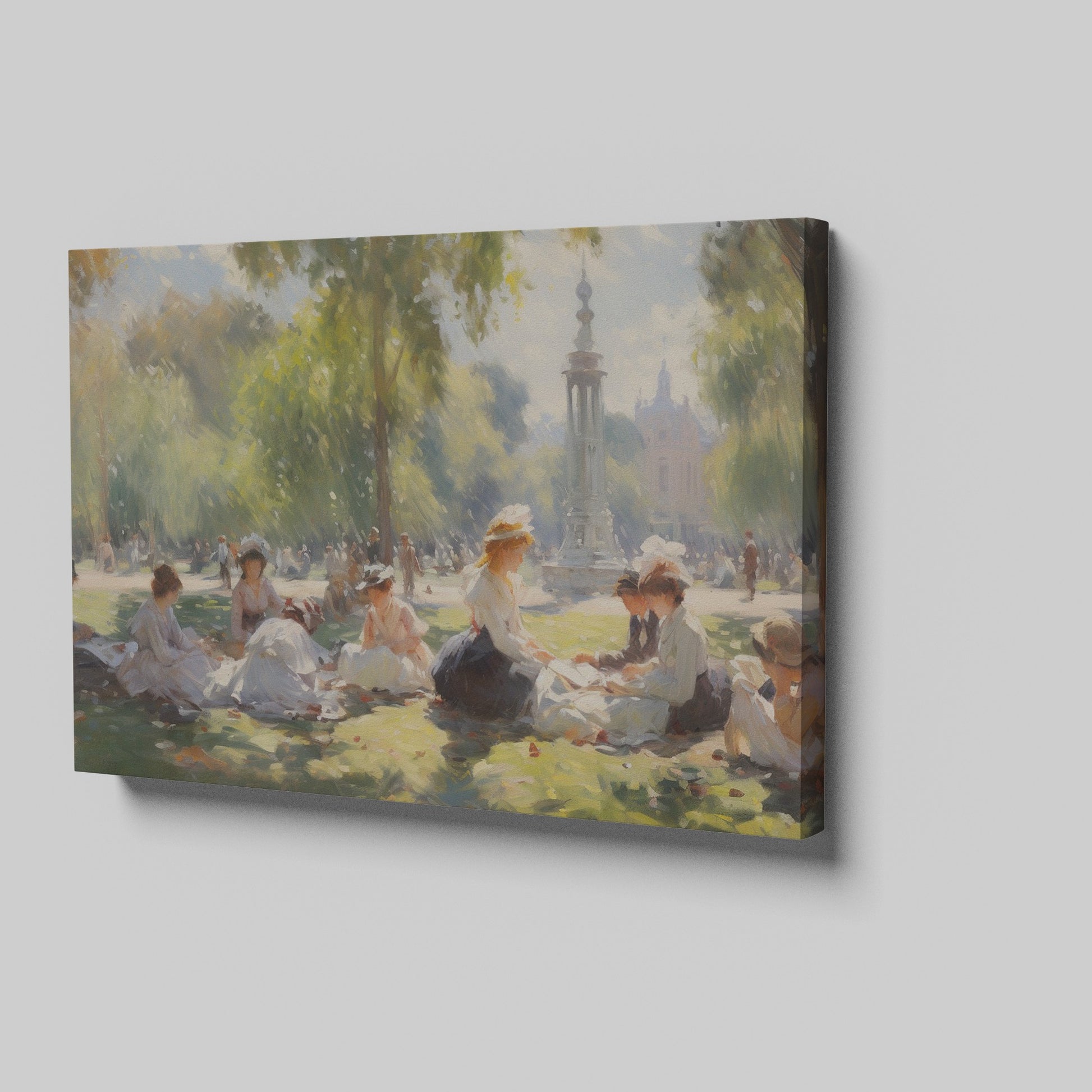 Framed canvas print of a Victorian picnic in a sunlit park with ladies in period attire