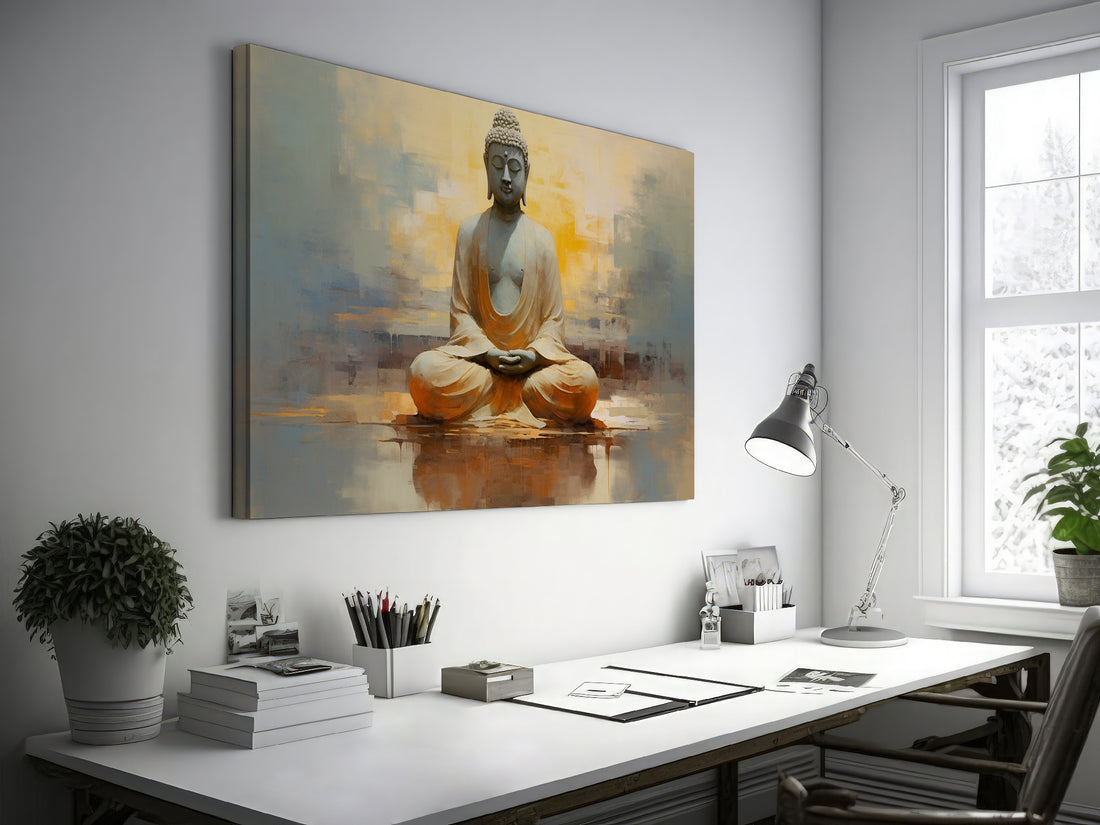 Framed canvas print of serene Buddha in meditation with abstract warm golden background