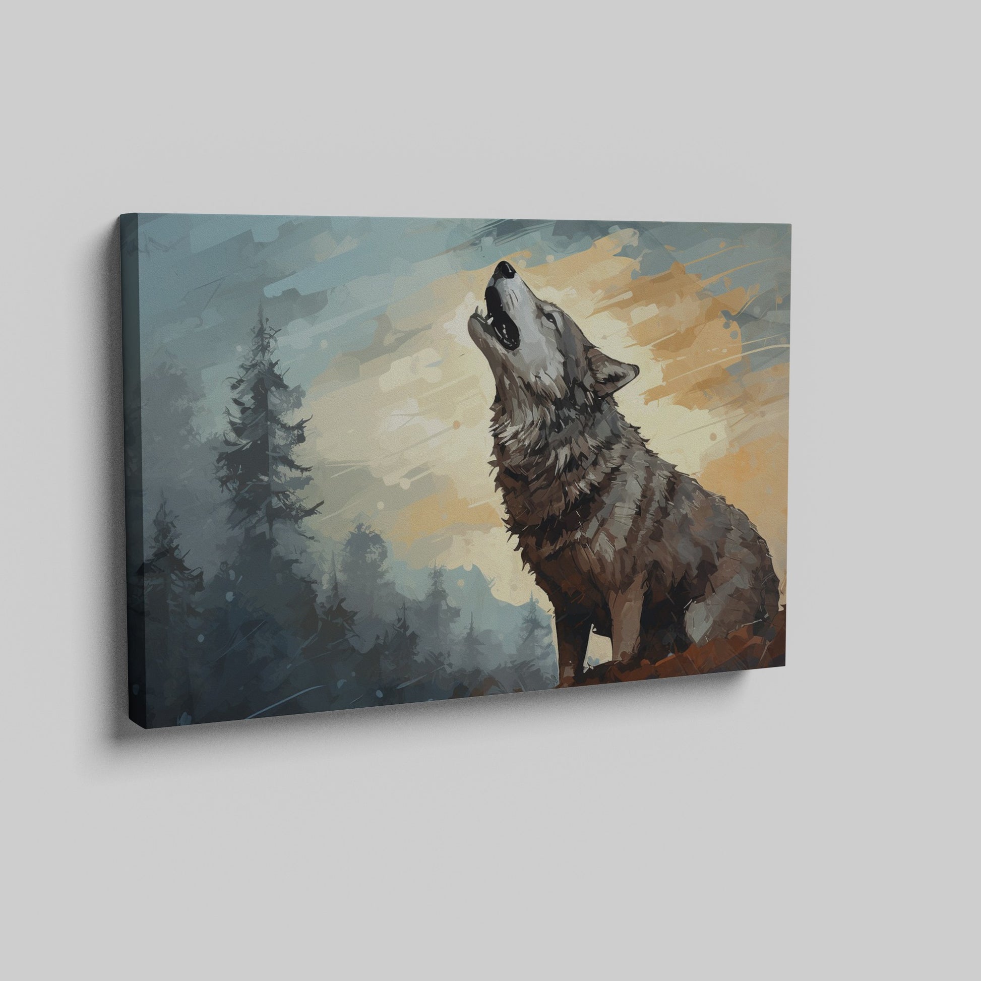 Framed canvas print of a howling wolf in a forest at dusk with vibrant earthy tones