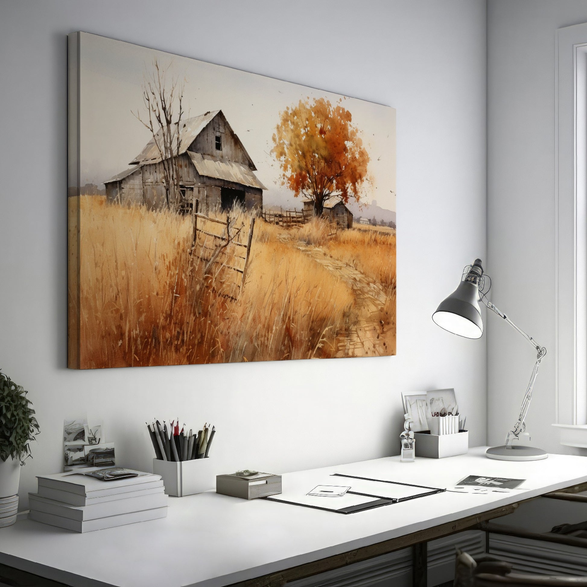 Framed canvas print of a rustic barn in autumn with golden fields and a leafy tree