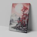 Framed canvas print of Asian-inspired landscape with crimson tree and misty mountains