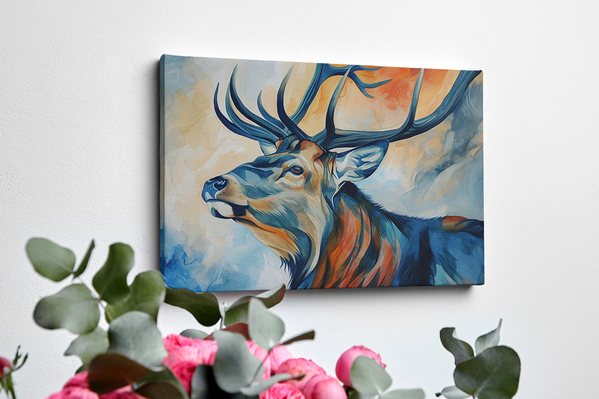 Framed canvas print of a majestic stag in vibrant colours