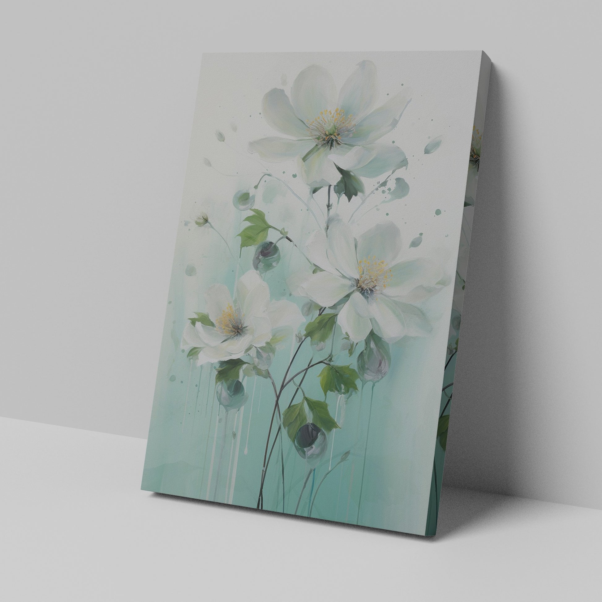 Framed canvas print of hand-painted style white flowers on a pastel background