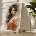 Abstract-impressionist portrait of a woman with brown hair and red accents on a canvas