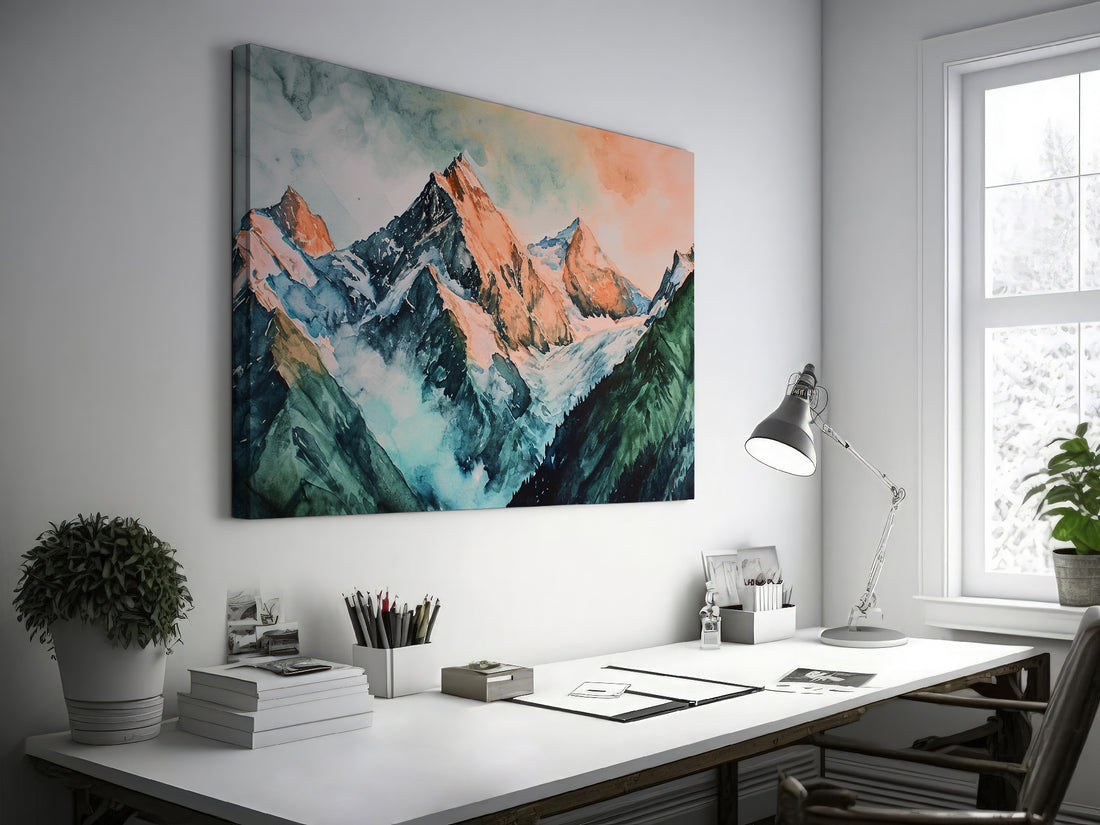 Framed canvas print of a vibrant watercolour painting depicting sunset over mountain range with rich colours