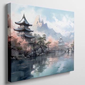 Framed canvas print of traditional Japanese pagoda and cherry blossoms with mountains in the background