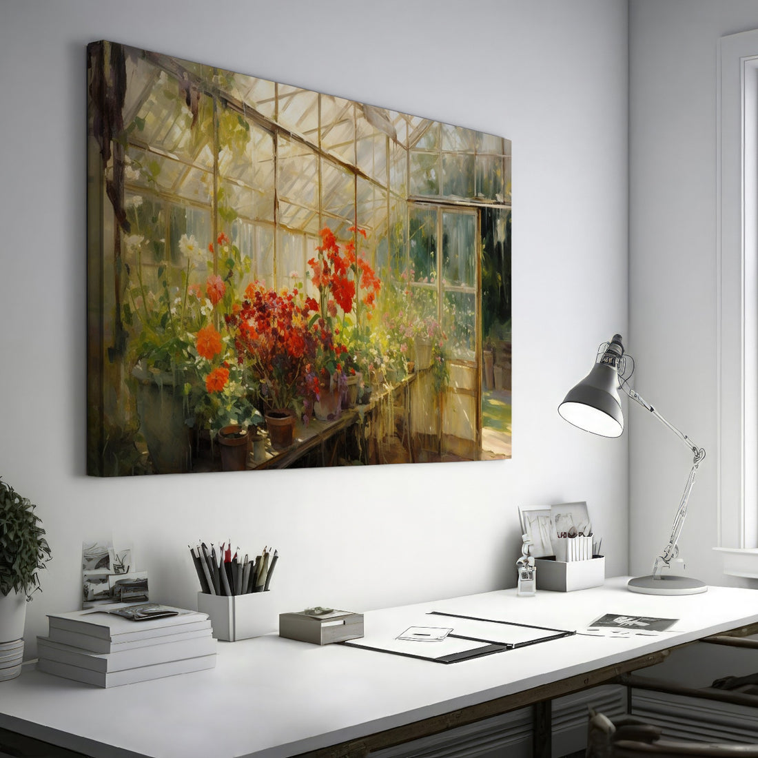Framed canvas print of a vibrant greenhouse scene with blooming flowers and sunlit warmth