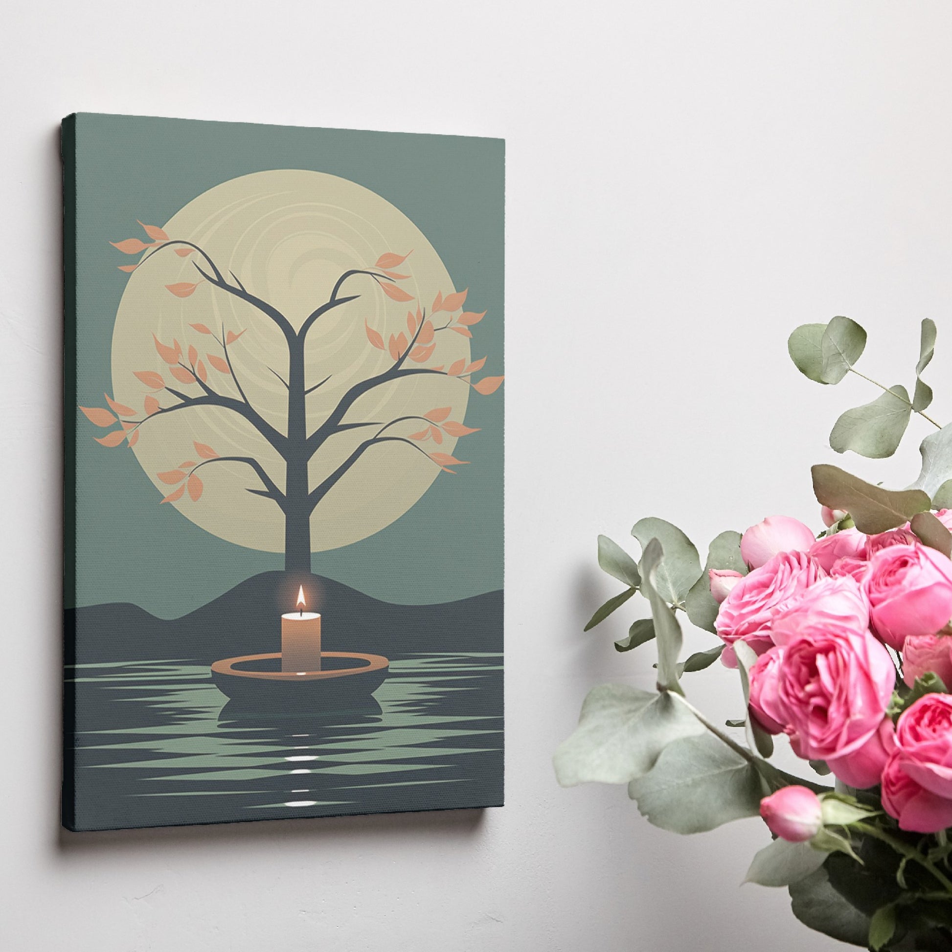 Framed canvas print of a tranquil tree with autumn leaves and glowing candle on a calm lake under a full moon