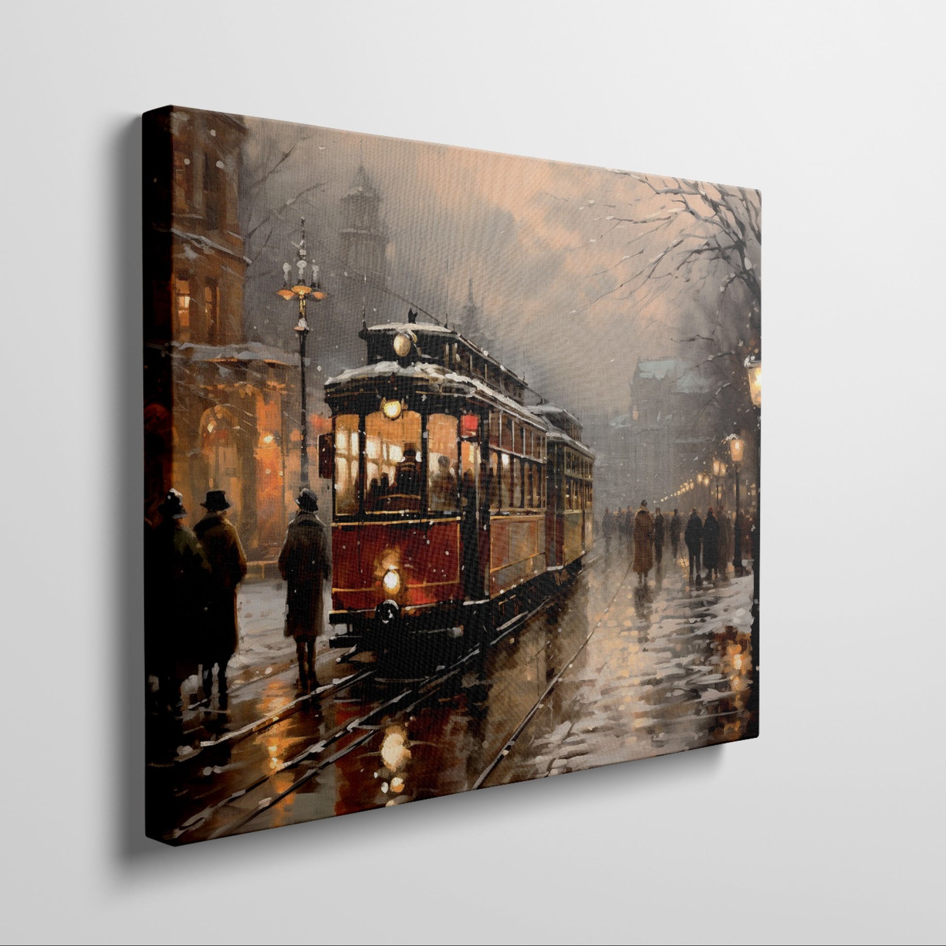 Framed canvas print of a vintage tram on snowy city street at twilight with glowing lamps