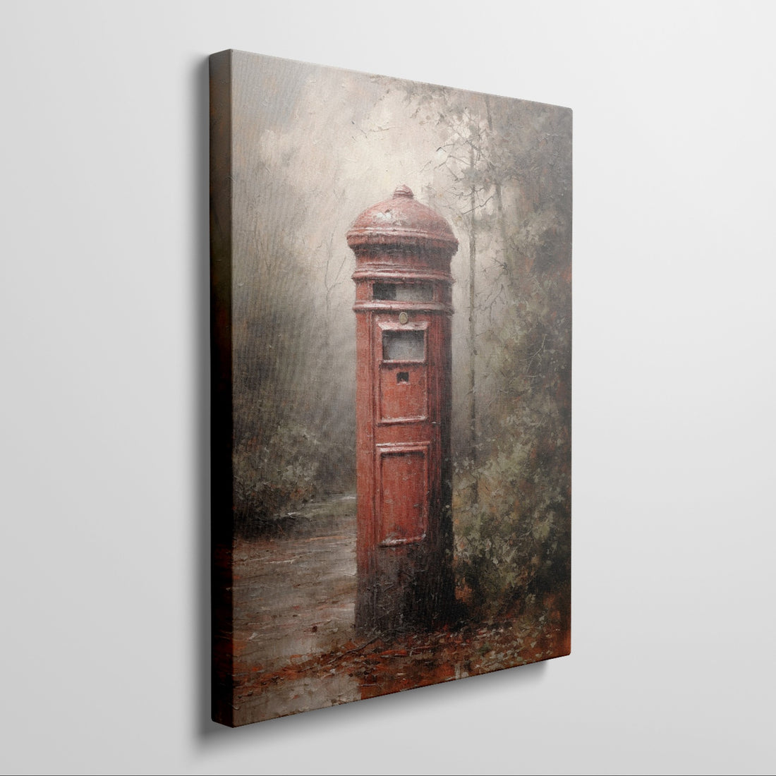 Framed canvas print of an impressionist painting featuring a vintage British red postbox with rustic autumnal background