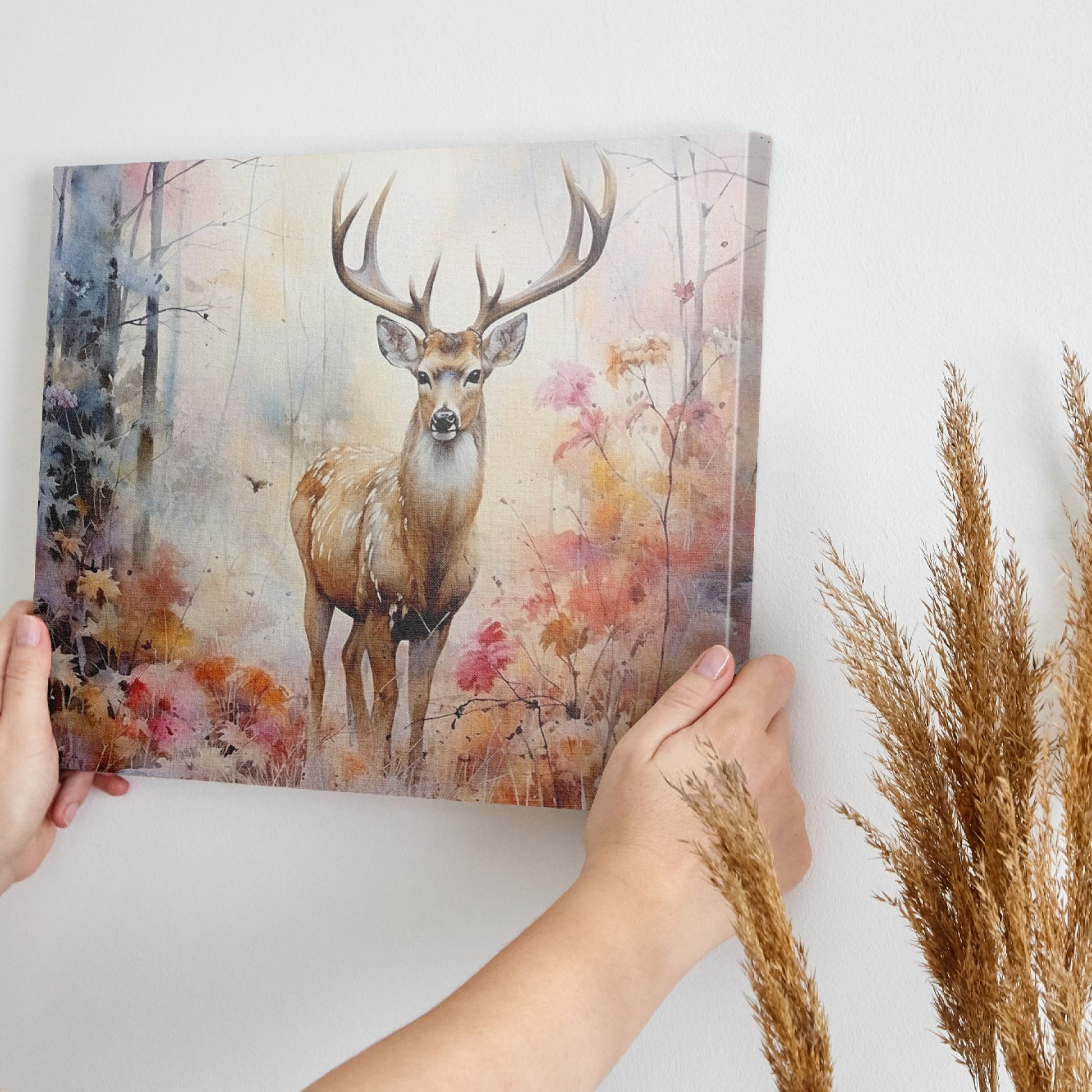 Framed canvas print of a majestic stag in a misty autumn forest