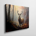 Framed canvas print of a majestic stag in an autumn forest with golden light filtering through the trees