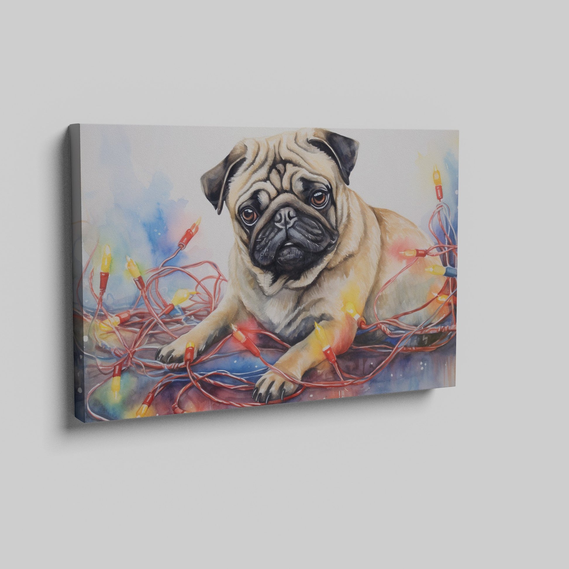 Framed canvas print of a lovable pug entwined with colourful Christmas lights in a painterly watercolour style