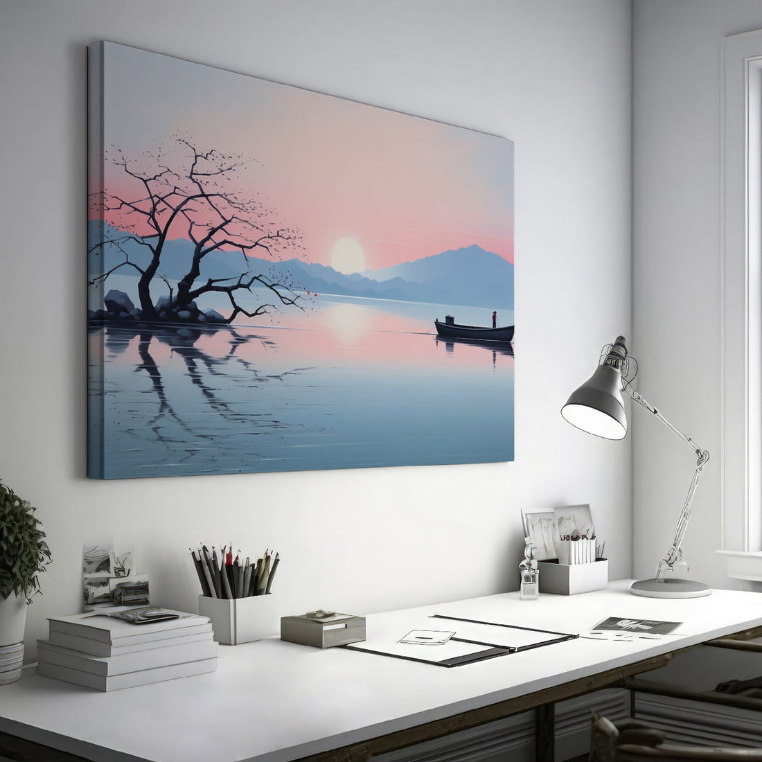 Digital artwork of a peaceful lake scene with a leafless tree and person in a boat, with mountains and a pink sunset in the background.