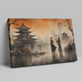 Framed canvas print of Oriental landscape with autumn pagodas and figures in traditional attire