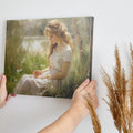 Framed canvas print of an elegant woman in a serene, sunlit meadow