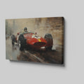 Framed canvas print of a vintage formula racing car in action with warm tones.