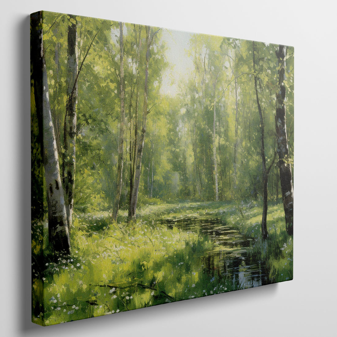 Framed canvas print of a lush forest scene with birch trees and a stream with sunlight filtering through green leaves