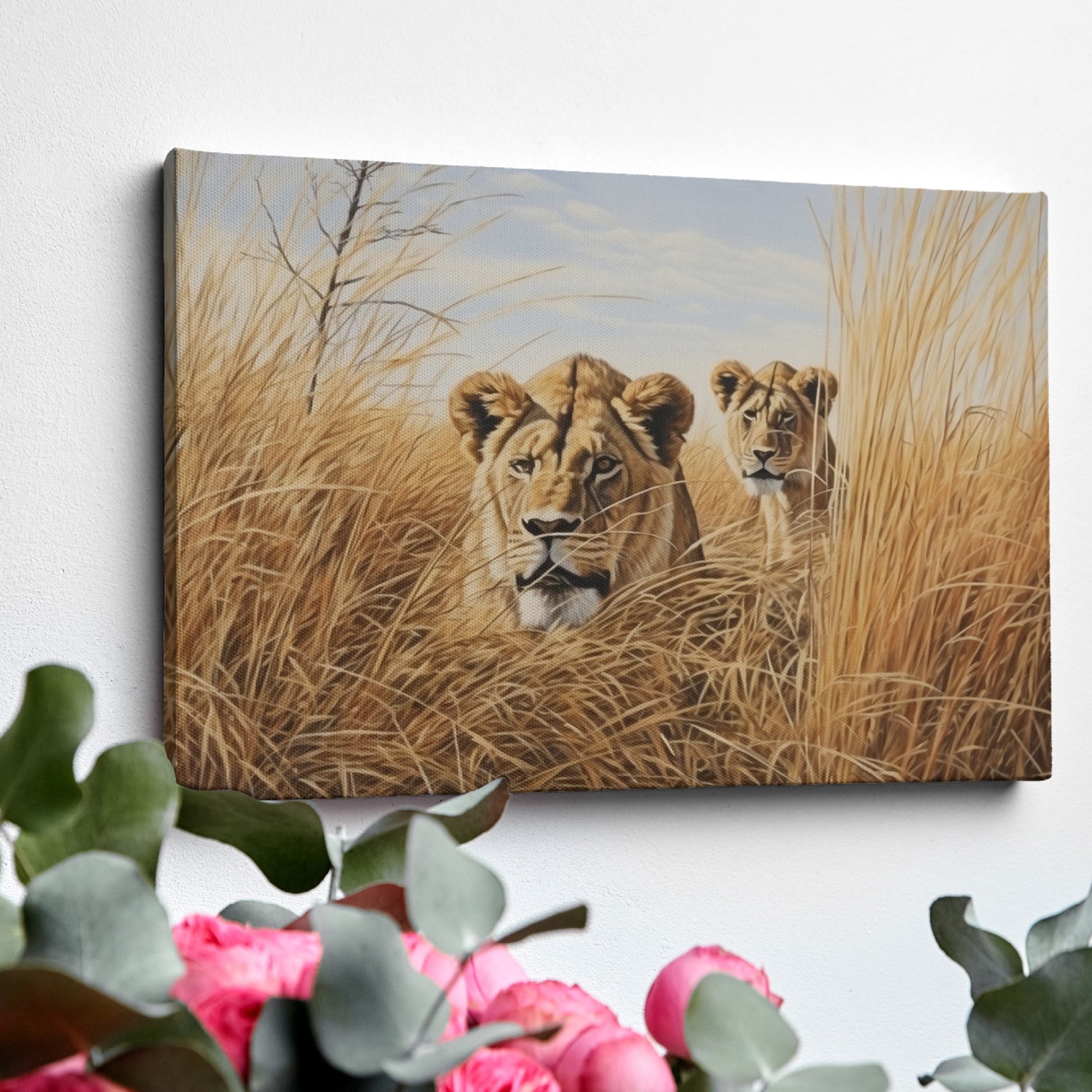 Framed canvas print of two lions in golden savannah grass