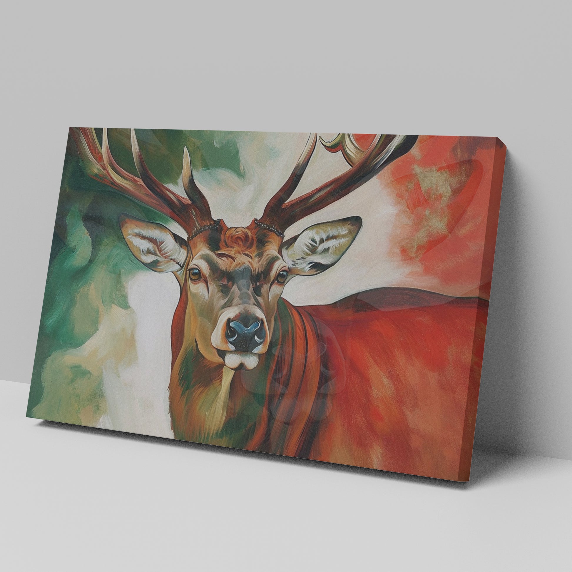 Framed canvas print of an impressionist stag portrait with vibrant red and green tones