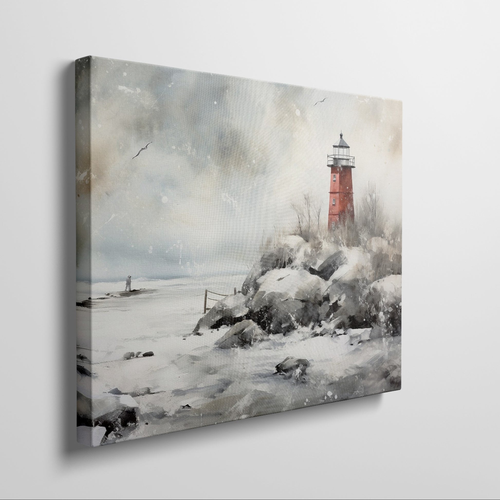 A red lighthouse on a snowy coastline with a figure at a distance and seagulls in the wintry sky.