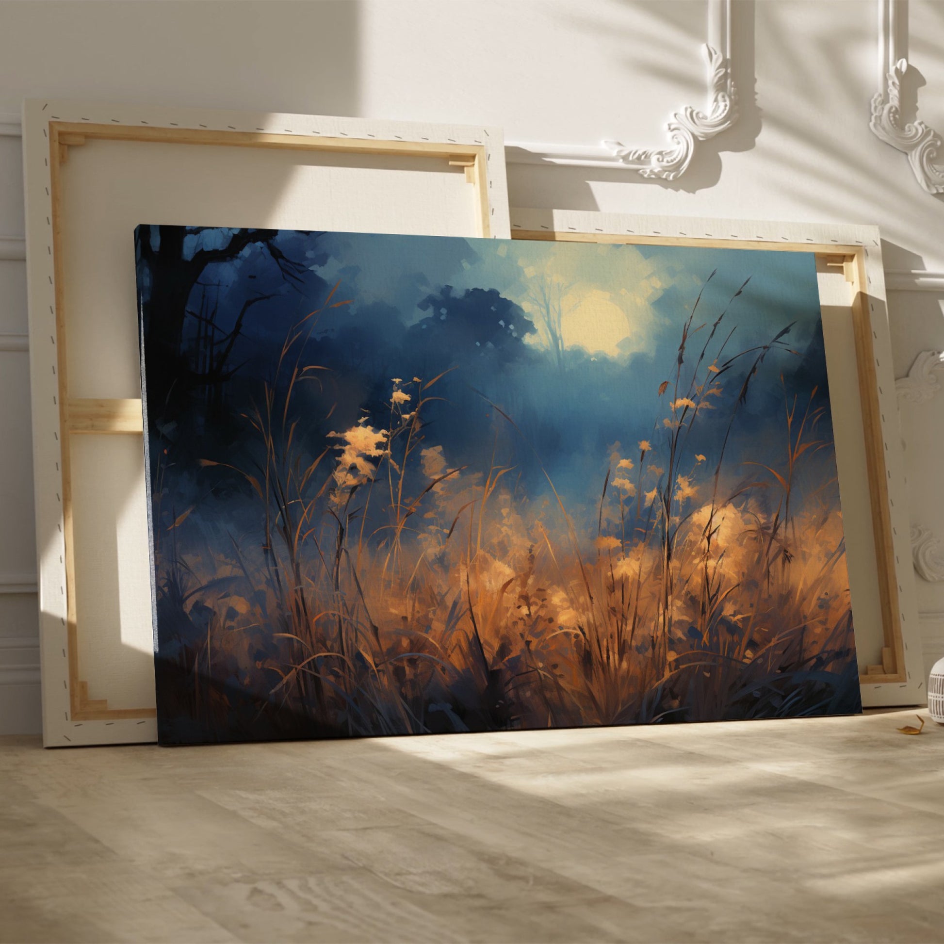 Framed canvas print of an impressionist landscape depicting a misty wilderness at sunrise with a blue and gold colour scheme