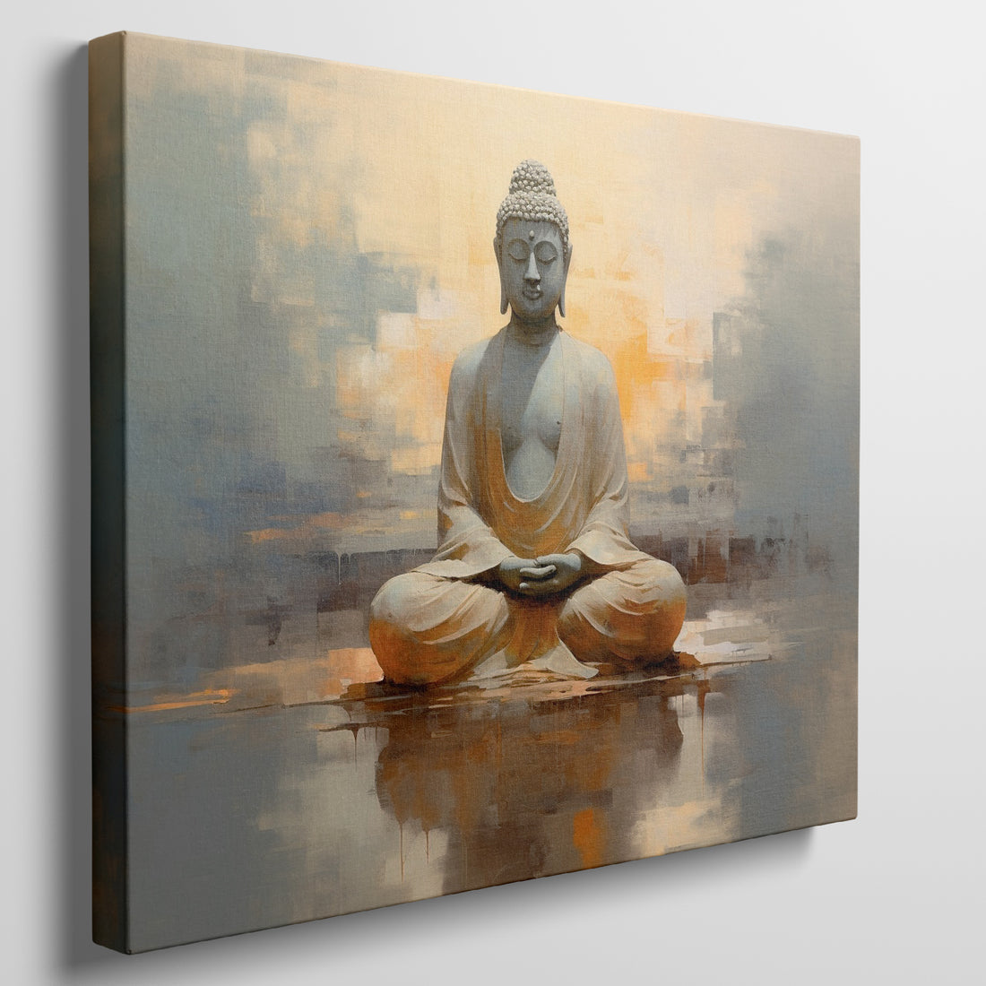 Framed canvas print of serene Buddha in meditation with abstract warm golden background