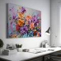 Framed canvas print of vibrant painted flowers, impressionist style with colourful bouquet