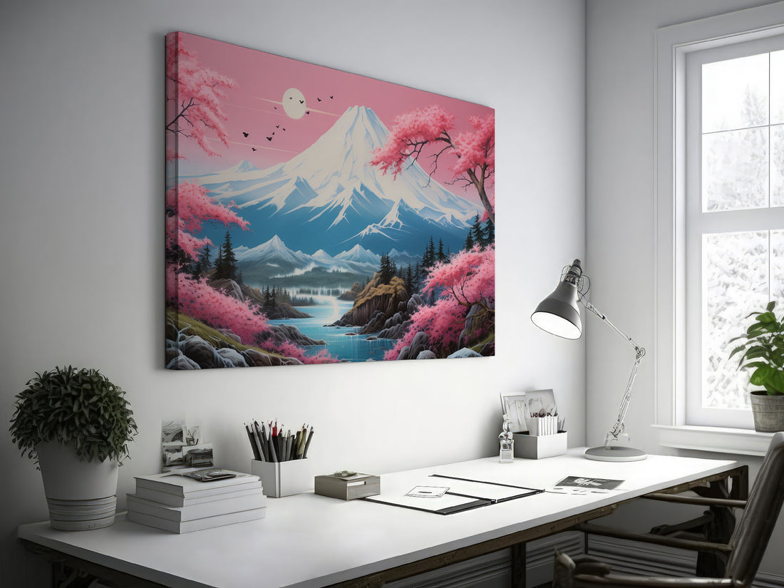Canvas art of cherry blossom trees overlooking a serene blue mountain range with a calming lake