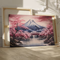 Framed canvas print of Mount Fuji with cherry blossoms and reflective lake