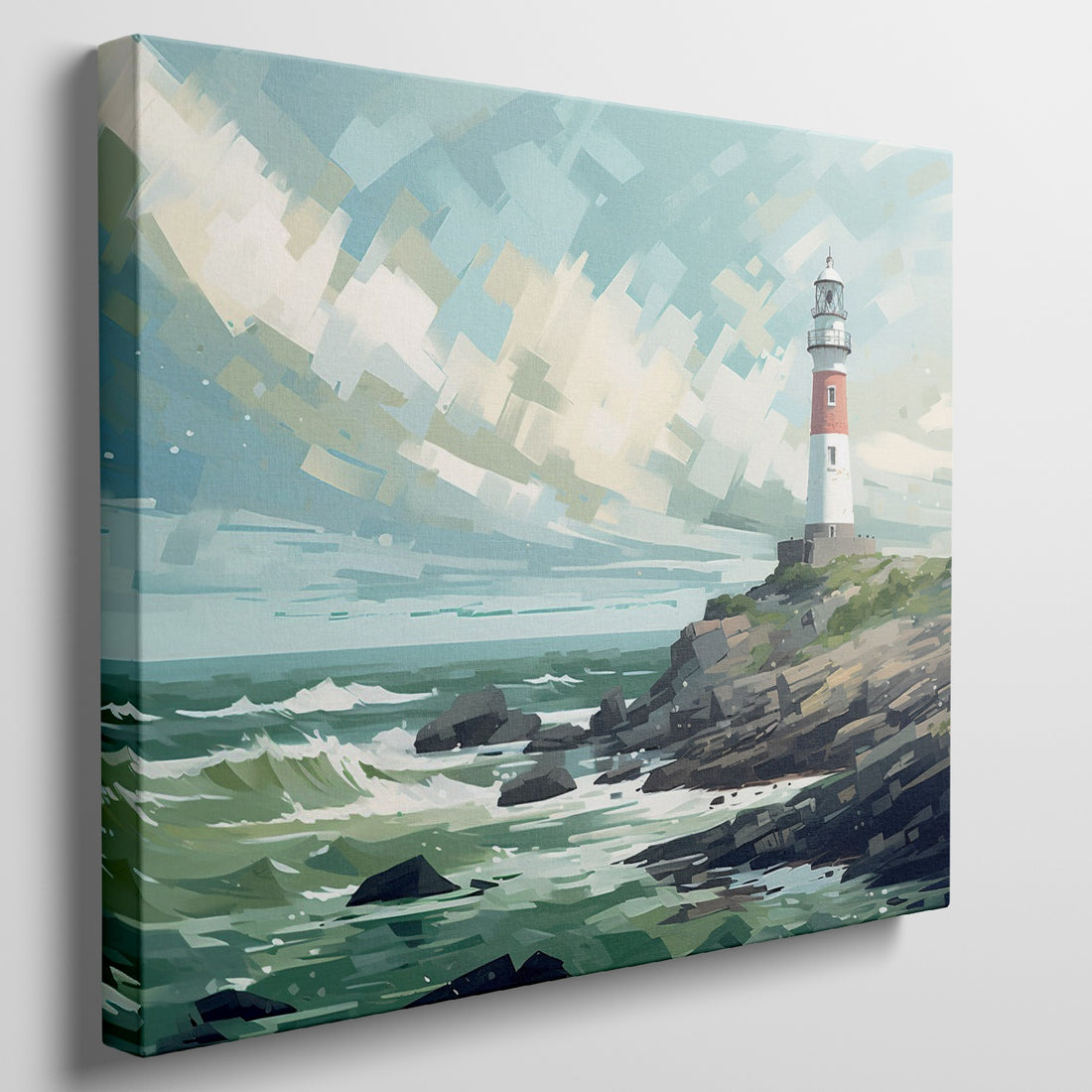 Abstract style canvas art of a lighthouse on a rocky coastline with dynamic blue sky and green ocean waves