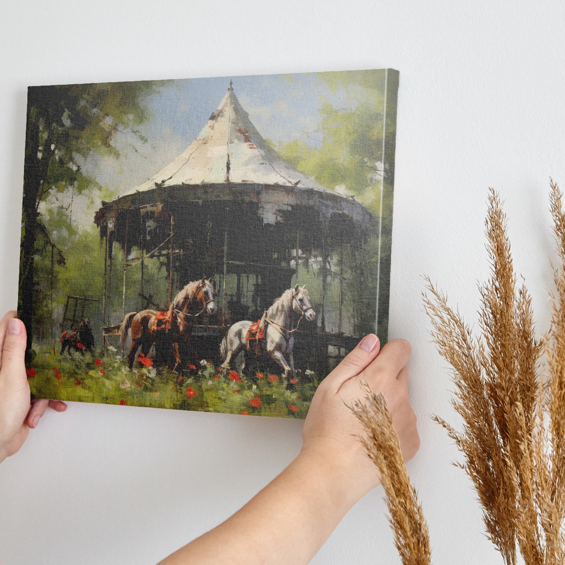 Framed canvas print of impressionist painting with rustic carousel, horses amidst poppies in countryside.