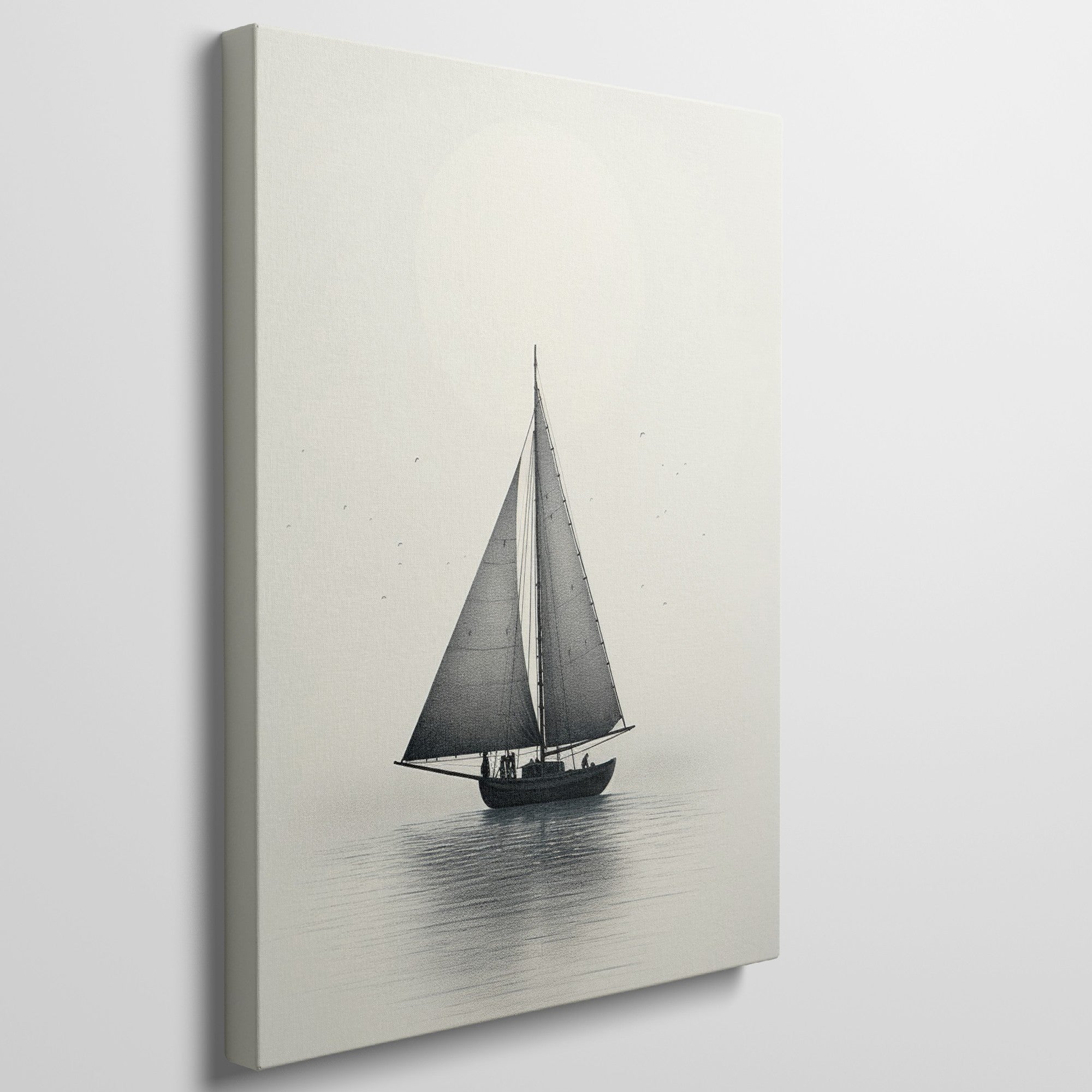 Framed canvas print of a vintage sailboat on a calm sea in monochrome