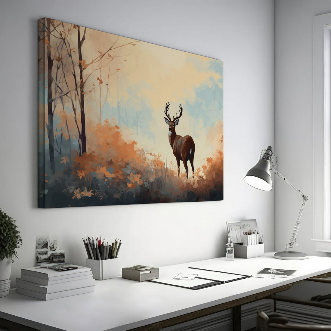 Digital painting of a stag in an autumn forest with orange and brown foliage