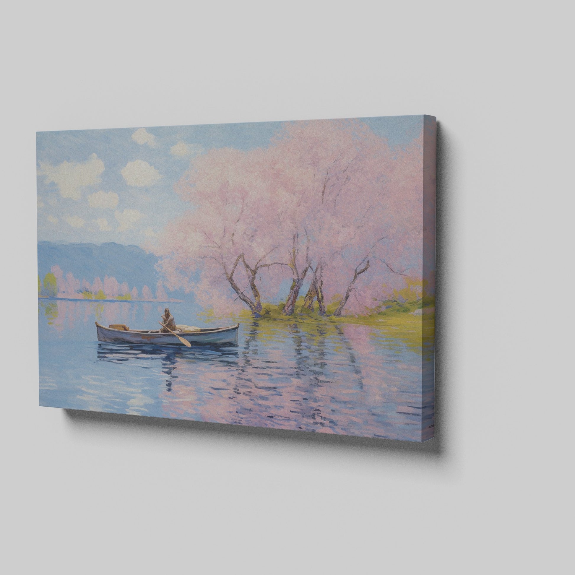 Framed canvas print of Impressionist-style cherry blossoms over a lake with a rowboat