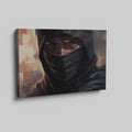 Framed canvas print of a mystic ninja warrior with an intense gaze and a shrouded dark veil.