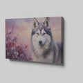 Framed canvas print of a stylised wolf portrait with a pastel floral background and sunset colours