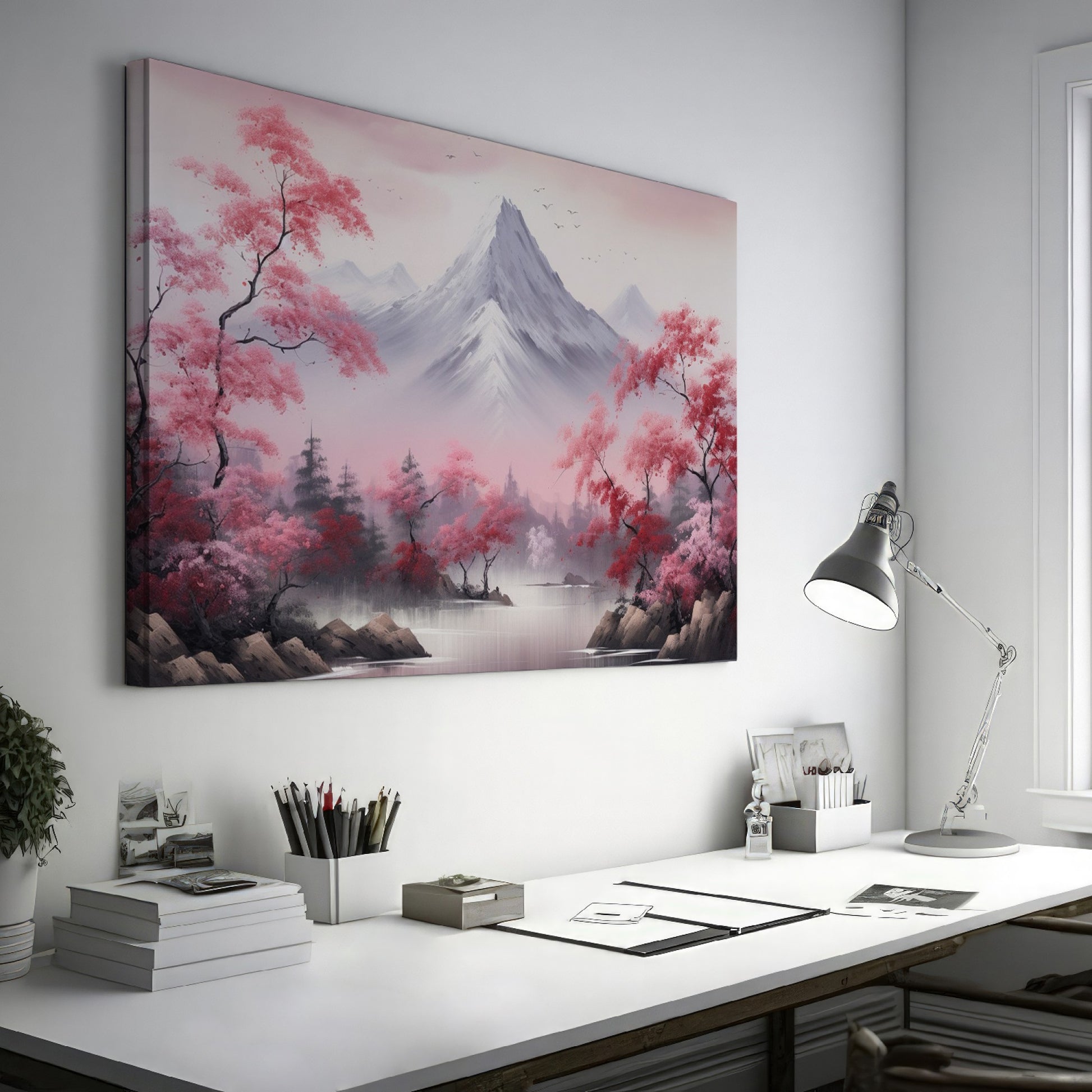 Framed canvas print of serene mountain landscape with pink cherry blossoms and mist