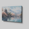 Framed canvas print of traditional Japanese pagoda and cherry blossoms with mountains in the background